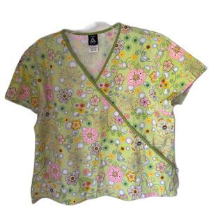 Cherokee Studio Mint Green Floral V Neck Short Sleeve 2 Pocket Nurse Scrub Sz. L